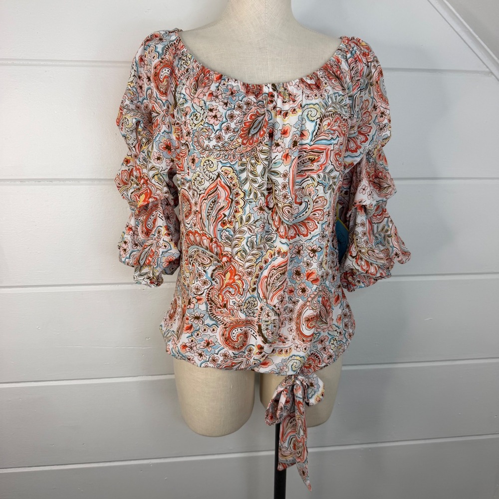 CeCe Womens Paisley Print Chiffon Blouse Peasant Top Puff Sleeve White Large NEW